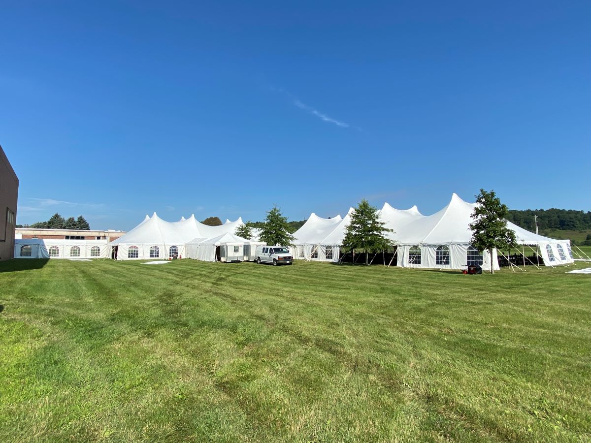 2-60x120 Century Twin Peak Pole Tents With 10x10 Marquee Connector Tent and 20x20 Frame Tent